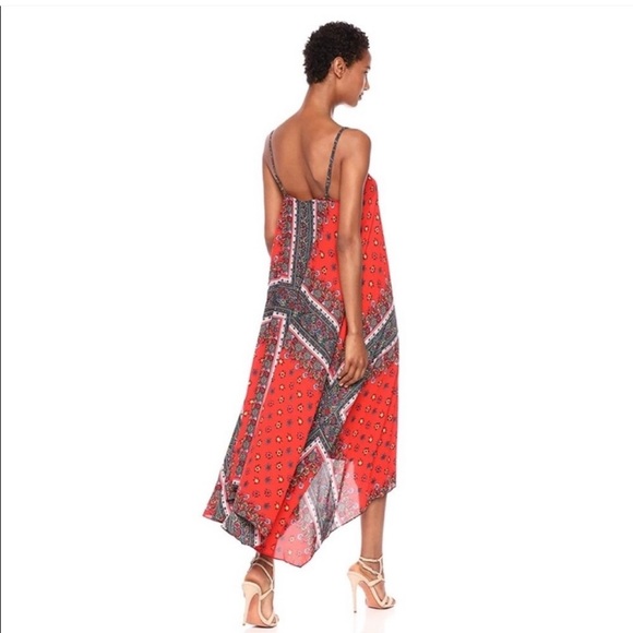 NANETTE LEPORE ~Calypso Red Multi-Print Trapeze Handkerchief Maxi Dress ~Size 8 - Picture 3 of 8